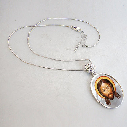 Icon of The Holy Face Silver Plated Mother of Pearl Necklace Jewelry - 43018-1