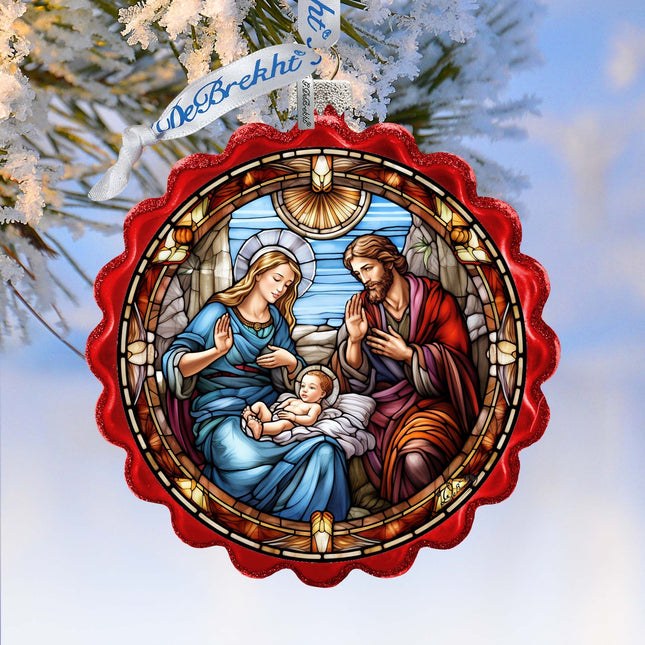 Sacred Beauty - Classic Holy Family Nativity Wreath Glass Ornament by G. Debrekht - Nativity Holiday Decor - 759-056-0
