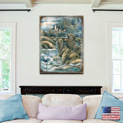 Lions of the Sea Lighthouse Caves Wooden Wall Art by J. Bergsma - Nature Wildlife Decor  - 8592883BP-JB-3
