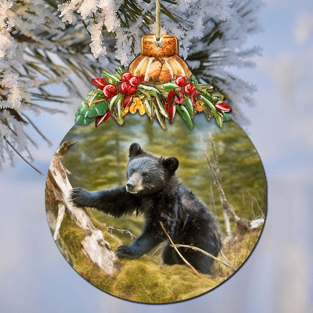 Black Bear Cubs in Alaskan Woods Wooden Ornaments by G.Debrekht - Wildlife Holiday Decor - 870038-0