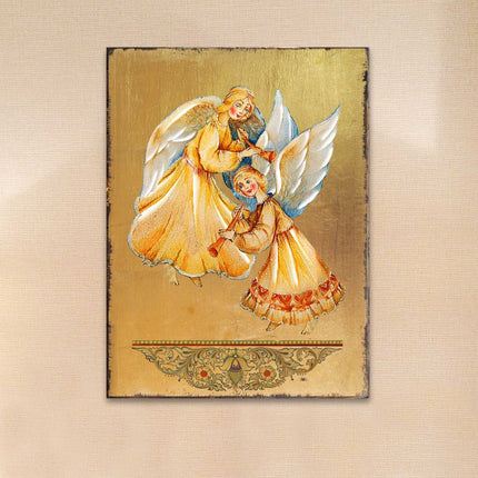 Angels Watching Over You Wooden Gold Plated Religious Christian Sacred Icon - Inspirational Icon Decor - 85046-0