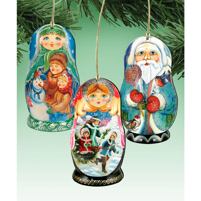 Winter Play Dolls Wooden Ornaments Set of 3 by G. DeBrekht - Christmas Decor - 8100109S3-0