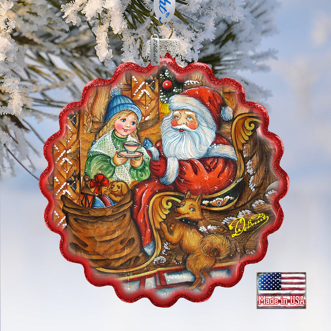 Santas Arrival Wreath Glass Ornament by G. DeBrekht - Christmas Santa Snowman Decor - 759-039-0