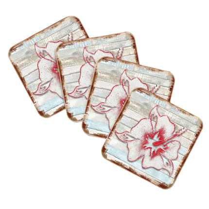 Hibiscus Flower Wooden Cork Coasters Gift Set of 4 by Nature Wonders - Nature Wildlife Decor  - 8198421-9C-S4-4