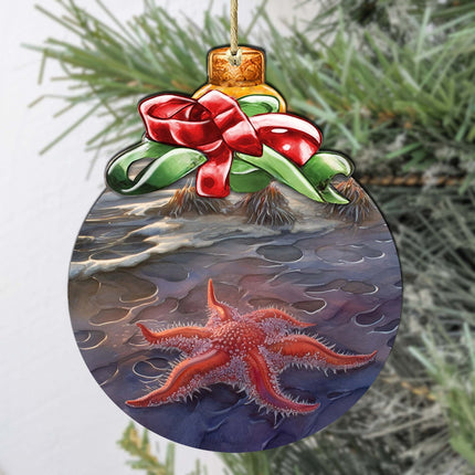 Red Sunflower Sea Star Wooden Ornaments by G.Debrekht - Wildlife Holiday Decor - 870019-1