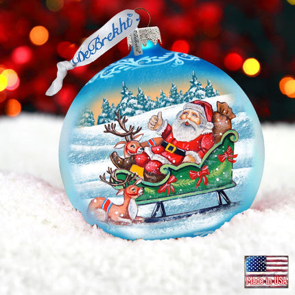Reindeers Ride Santa Glass Ornament by G. DeBrekht - Christmas Santa Snowman Decor - 73363-1