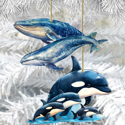 Alaskan Whale and Orca Wooden Ornaments Set of 2 by G. Debrekht - Wildlife Holiday Decor - 8091323S5-2