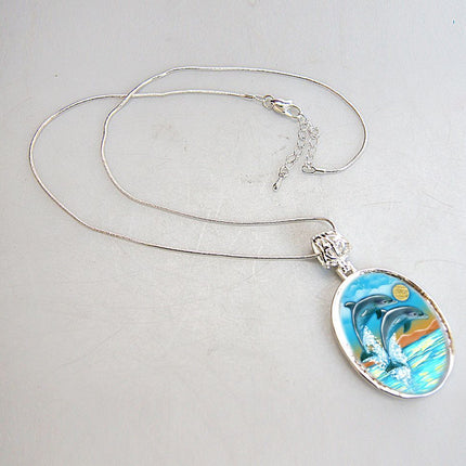 Flying Dolphins Silver Plated Jewelry Mother of Pearl Pendant Necklace - 44011-3
