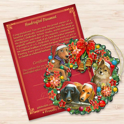 Christmas Friends Puppy Wreath Wooden Ornaments by G. DeBrekht - Pets Dog and Cats Decor - 8185307-6-SL-3