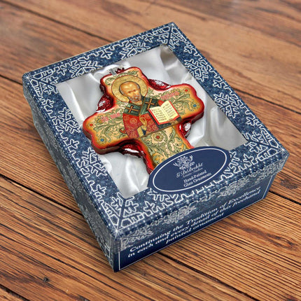 Saint Nicholas Icon Cross Glass Ornament by G. DeBrekht - Nativity Holiday Decor - 758-004-3
