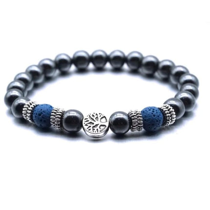 Dark Blue Tree of Life Lava Stone Metal Bracelet-0