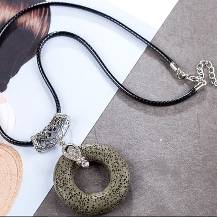 Dark Green Circular Lava Stone Pendant Essential Oils Necklace-0