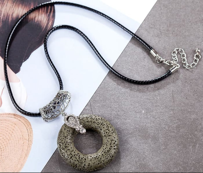 Dark Green Circular Lava Stone Pendant Essential Oils Necklace-0