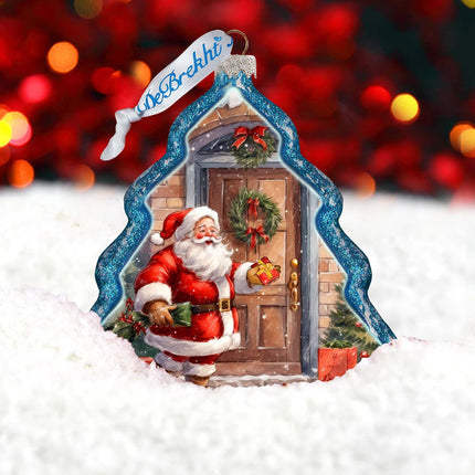 Santa Knocking at the Door Tree Glass Ornament by G. Debrekht - Christmas Santa Snowman Decor - 762-030-4