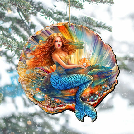 Nautical Christmas Decor - Mermaid in the Shell Wooden Ornaments by G.Debrekht Coastal Holiday Decor - 8688200-1