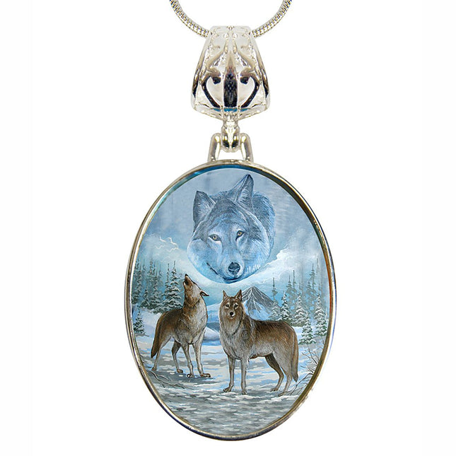 Sky Wolves Howling Silver Plated Mother of Pearl Jewelry Pendant Necklace - 44035-0