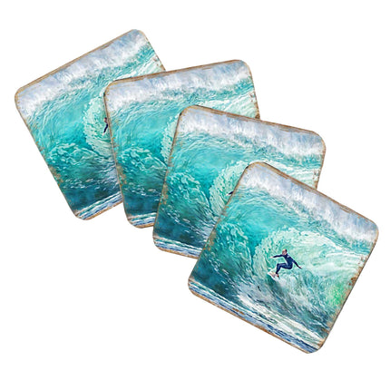 Surfer Coastal Wooden Cork Coasters Gift Set of 4 by Nature Wonders - Coastal Sea-Life Decor - 95227C-S4-4