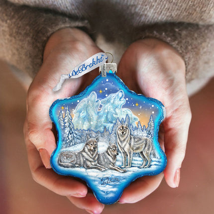 Winter Wolves Snowflake Glass Ornament by G. DeBrekht - Wildlife Holiday Decor - 754-012-3