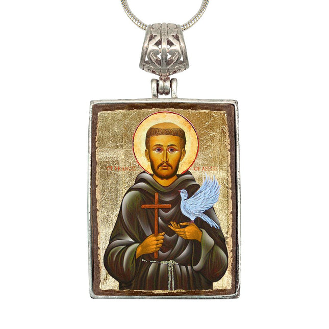 Saint Francis Religious Jewelry Silver Plated Necklace, Gold-Plated Wooden Cabochon - Christian Sacred Icon - Inspirational Icon Decor - 43024R-0