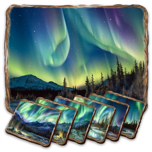 Northern Lights Wooden Cork Placemat and Coasters Gift Set of 7 by Nature Wonders Nature Wildlife Decor  - 85401C-S7-0