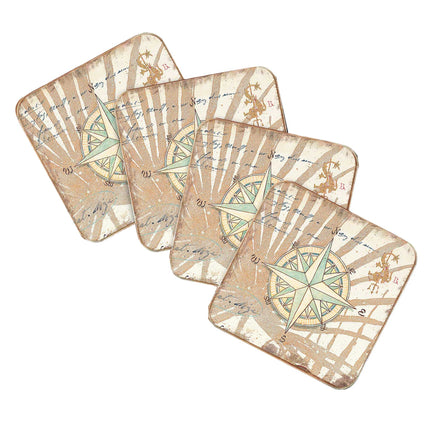 Compass Coastal Wooden Cork Coasters Gift Set of 4 by Nature Wonders - Coastal Sea-Life Decor - 8198620C-S4-4