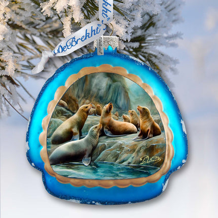 Coastal Sea Lions Rainbow Glass Ornament by G. Debrekht - Wildlife Holiday Décor - 756-023-4