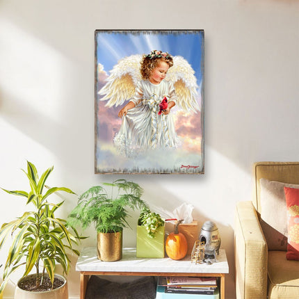 Angel with Cardinal Art Wooden Wall Art by D. Gelsinger - Nativity Holiday Decor - 95676B-DG-1