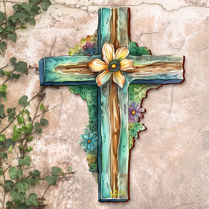 Teal Wooden Cross by G. Debrekht - Easter Spring Decor - 88164-2