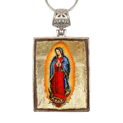 Lady of Guadalupe Religious Jewelry Silver Plated Necklace, Gold-Plated Wooden Cabochon - Catholic Sacred Icon - Inspirational Icon Decor - 43032R-0