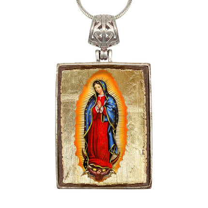 Lady of Guadalupe Religious Jewelry Silver Plated Necklace, Gold-Plated Wooden Cabochon - Catholic Sacred Icon - Inspirational Icon Decor - 43032R-0