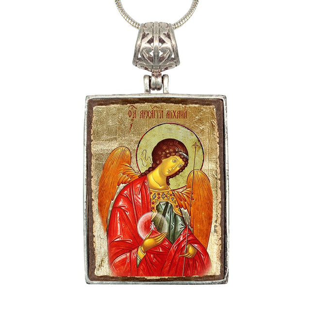 Saint Michael Religious Jewelry Silver Plated Necklace, Gold-Plated Wooden Cabochon - Christian Sacred Icon - Inspirational Icon Decor - 43027R-0