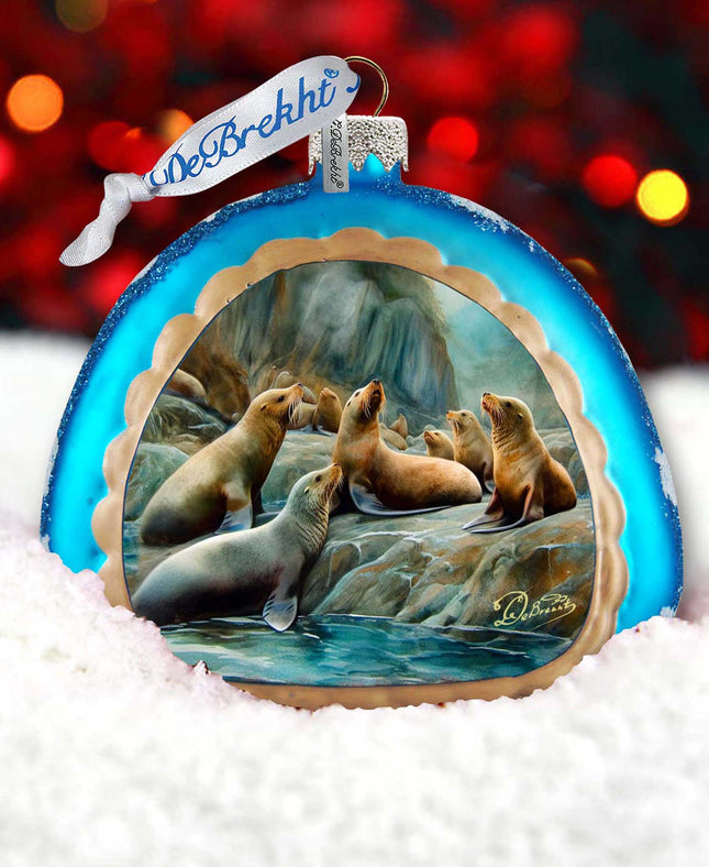Coastal Sea Lions Rainbow Glass Ornament by G. Debrekht - Wildlife Holiday Décor - 756-023-0