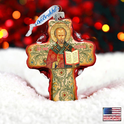Saint Nicholas Icon Cross Glass Ornament by G. DeBrekht - Nativity Holiday Decor - 758-004-2
