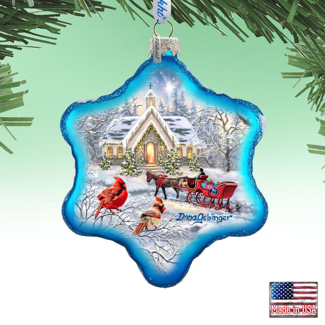 Sleigh Ride Snowflake Glass Ornament by D. Gelsinger - Christmas Santa Snowman Decor - 754-104-DG-0