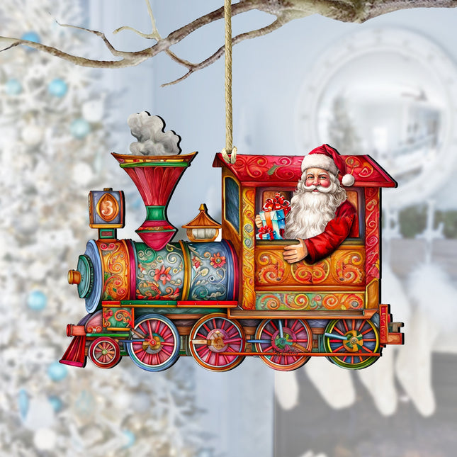 Santa's Train Wooden Ornaments by G. Debrekht Christmas Santa Snowman Decor - 8611090-0