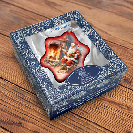 Santa at the Fireplace Snowflake Glass Ornament by G. Debrekht - Christmas Santa Snowman Decor - 754-047-4