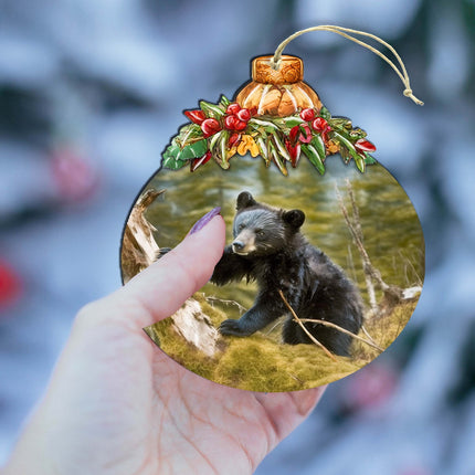 Black Bear Cubs in Alaskan Woods Wooden Ornaments by G.Debrekht - Wildlife Holiday Decor - 870038-4