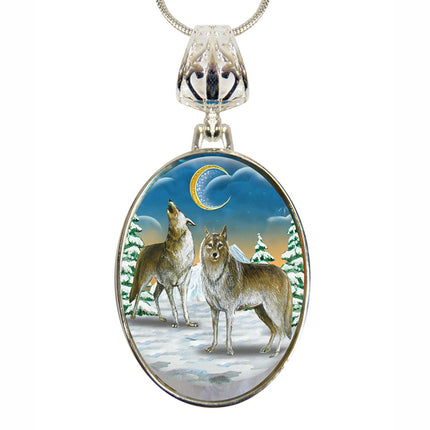 Wolves Howling Round Silver-Plated Mother of Pearl Jewelry Pendant Necklace - 44040-0