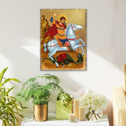 Saint George Wooden Gold Plated Religious Orthodox Sacred Icon - Inspirational Icon Decor - 85013-2