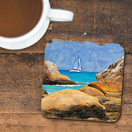 Sailboat Coastal Wooden Cork Coasters Gift Set of 4 by Nature Wonders - 95274C-S4-3