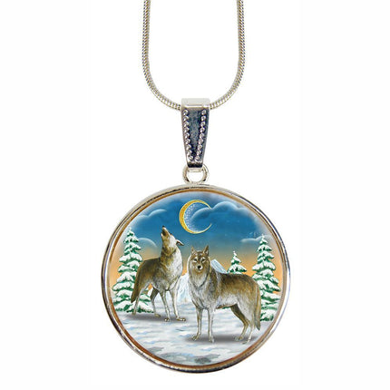 Wolves Howling Round Silver-Plated Mother of Pearl Jewelry Pendant Necklace - 44040-1