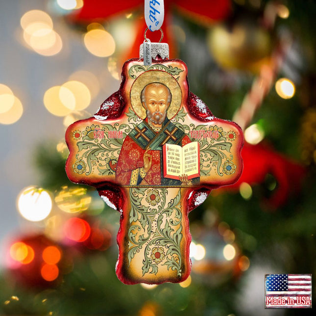 Saint Nicholas Icon Cross Glass Ornament by G. DeBrekht - Nativity Holiday Decor - 758-004-0
