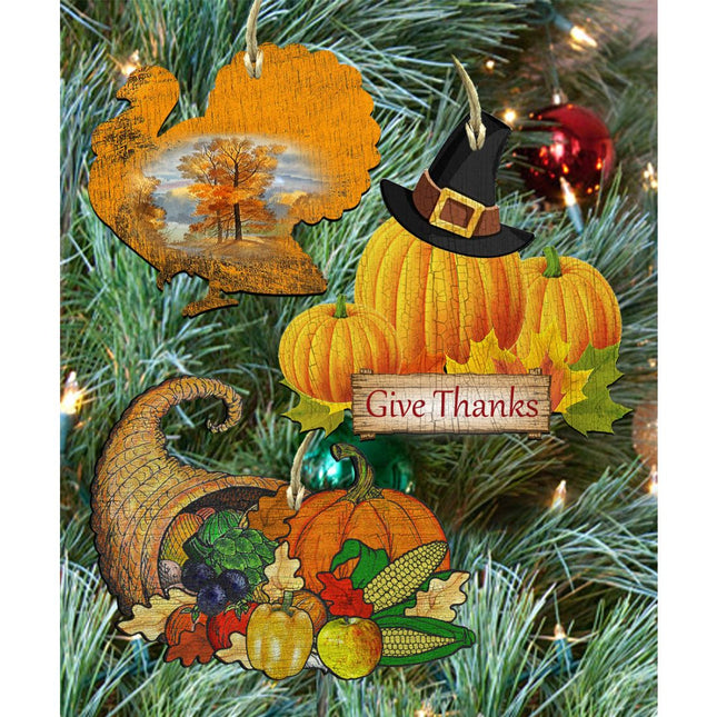 Thanksgiving Wooden Ornaments Set of 3 by G. DeBrekht - Thanksgiving Halloween Decor - 8100034S3-0