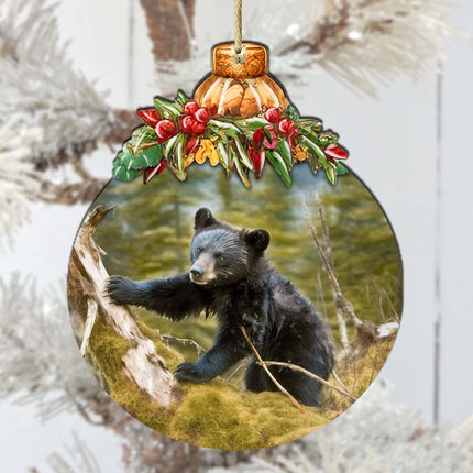 Black Bear Cubs in Alaskan Woods Wooden Ornaments by G.Debrekht - Wildlife Holiday Decor - 870038-2