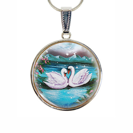 Swans in Love Silver Plated Mother of Pearl Jewelry Pendant Necklace - 44020-1