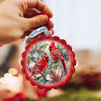 Cardinals Wreath Glass Ornament by G. Debrekht - Wildlife Holiday Decor - 759-052-2