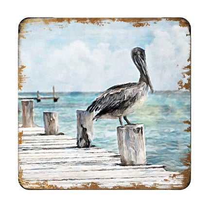 Pelican Coastal Wooden Cork Coasters Gift Set of 4 by Nature Wonders - Coastal Sea-Life Decor - 95252C-S4-2