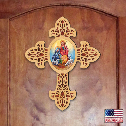 Holy Family Pointy Wooden Cross by Museum Icons - Inspirational Icon Decor - 88350-1