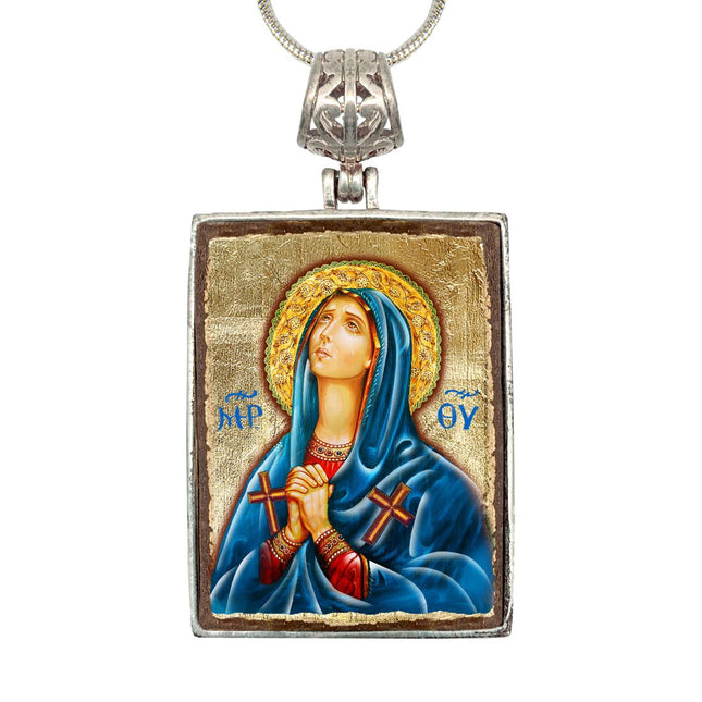 Maria Magdalena Religious Jewelry Silver Plated Necklace, Gold-Plated Wooden Cabochon - Christian Sacred Icon - Inspirational Icon Decor - 43014R-0