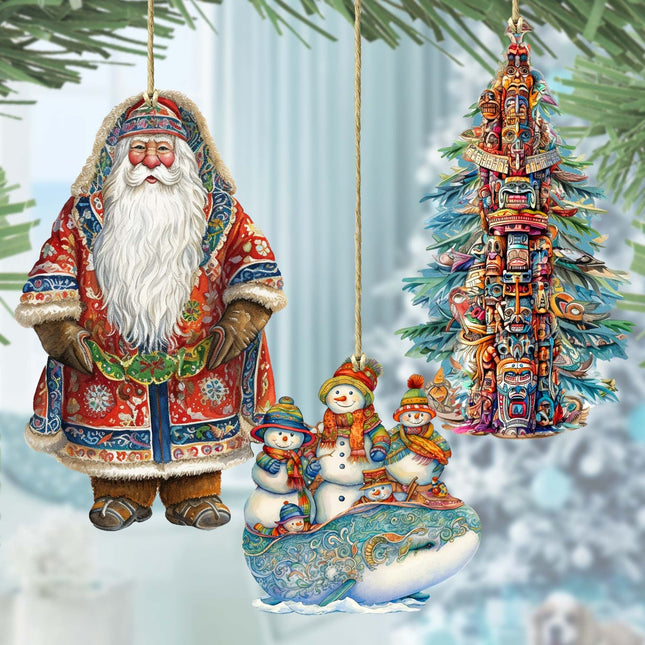 Santas Around the World - Alaskan Inspired Santa - Wooden Ornaments Set of 3 by G. DeBrekht Christmas Santa Snowman Decor - 8091314S3-0
